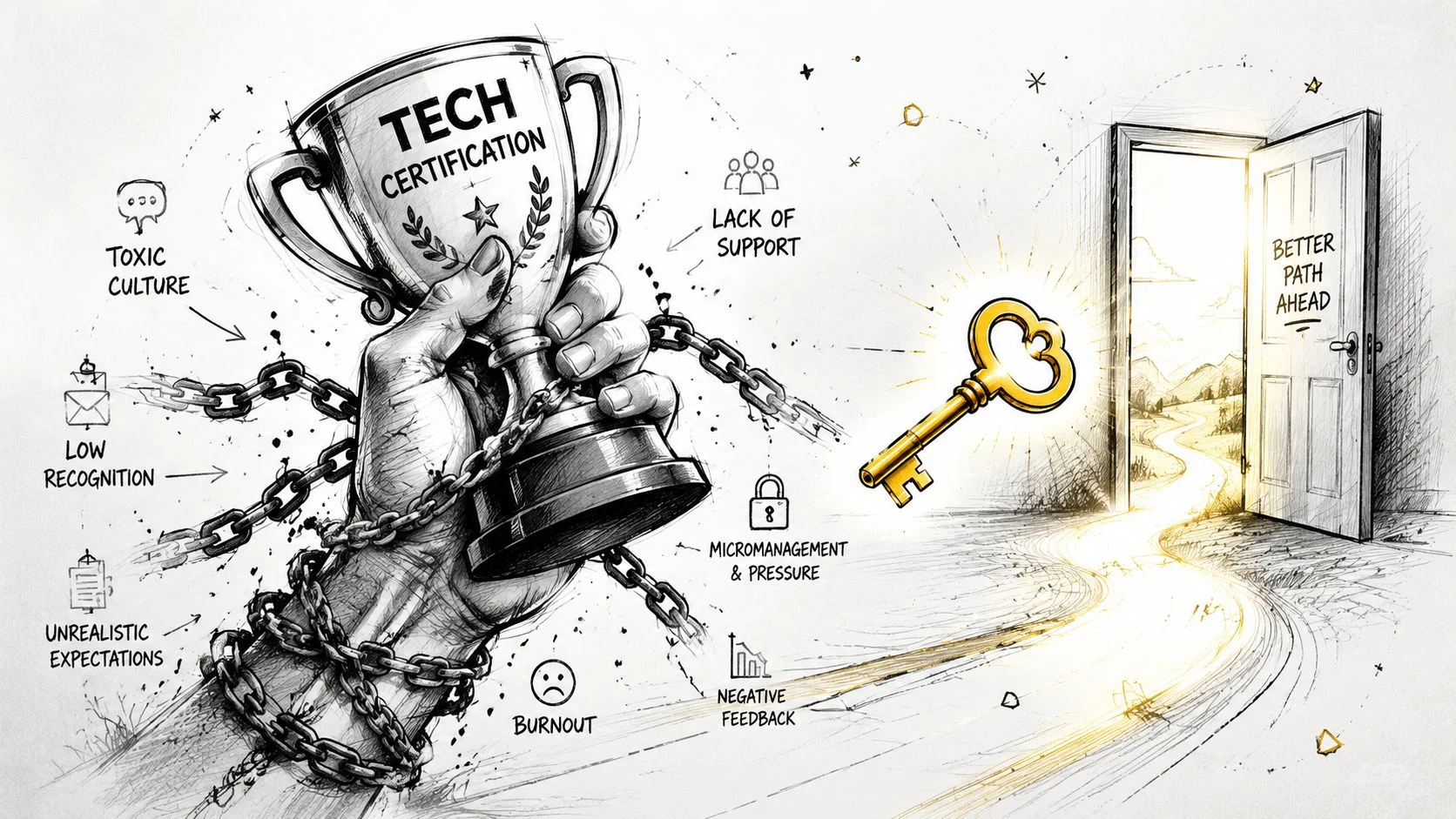 A hand chained to a certification trophy with a key unlocking a door to the future.