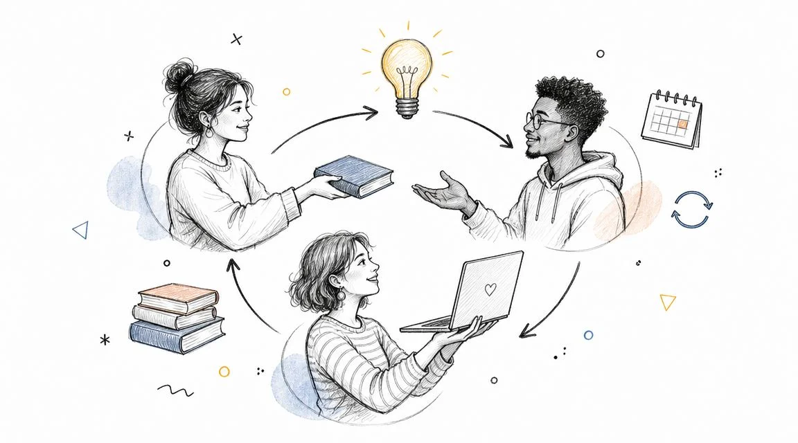 Three students collaborate with books and a laptop.