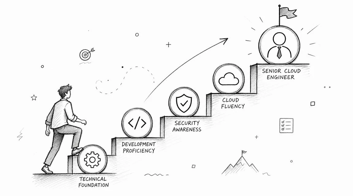 Illustration: Person climbing stairs toward a senior cloud engineer role.