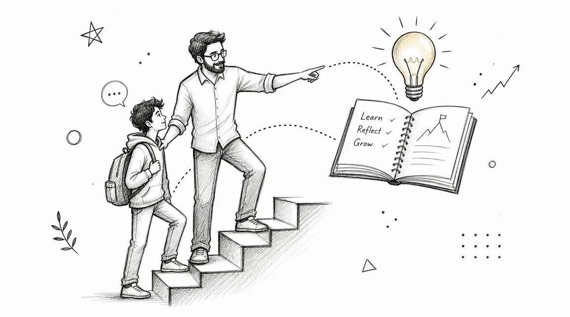 Teacher guides student up stairs toward a book.