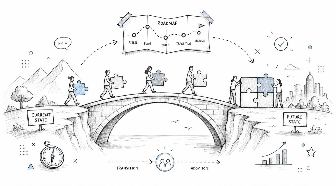 Illustration: Team building a bridge with puzzle pieces.