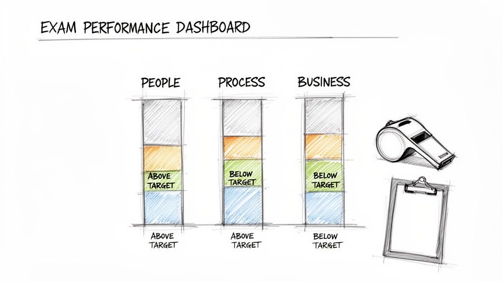 An exam performance dashboard with bar charts for people, process, and business targets, plus a whistle and clipboard.