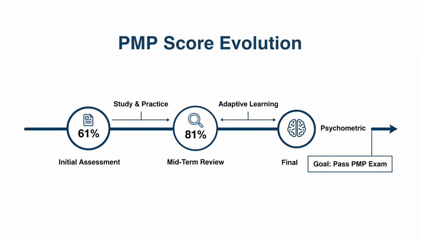 PMP score evolution diagram showing progression from initial 61% to mid-term 81% towards passing the PMP exam.