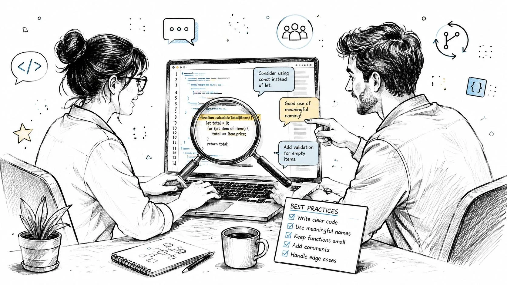Two developers reviewing code and notes at a desk.