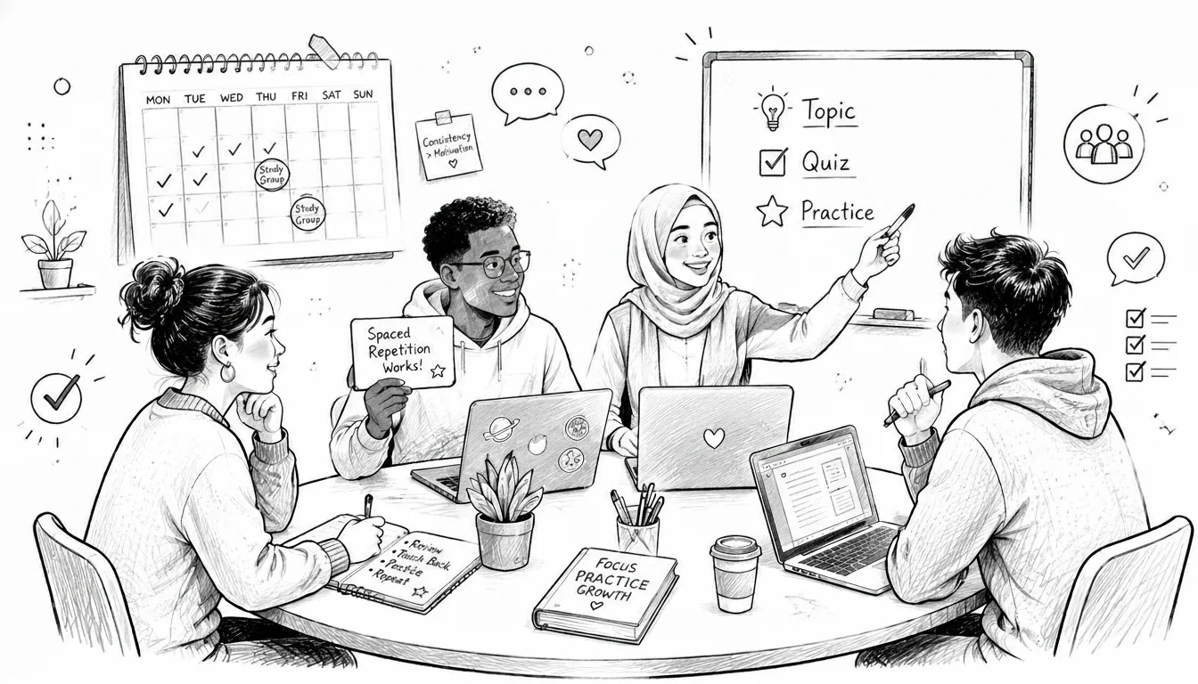 Four students at a table, collaborating with laptops.