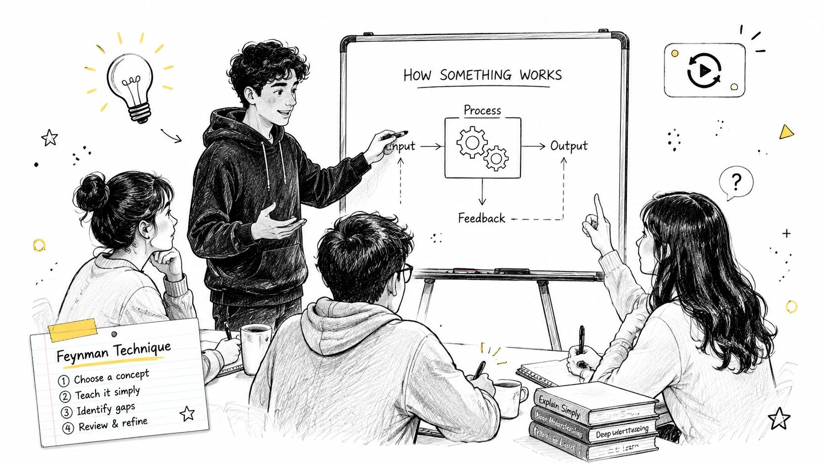 Students using the Feynman Technique to teach concepts to each other.
