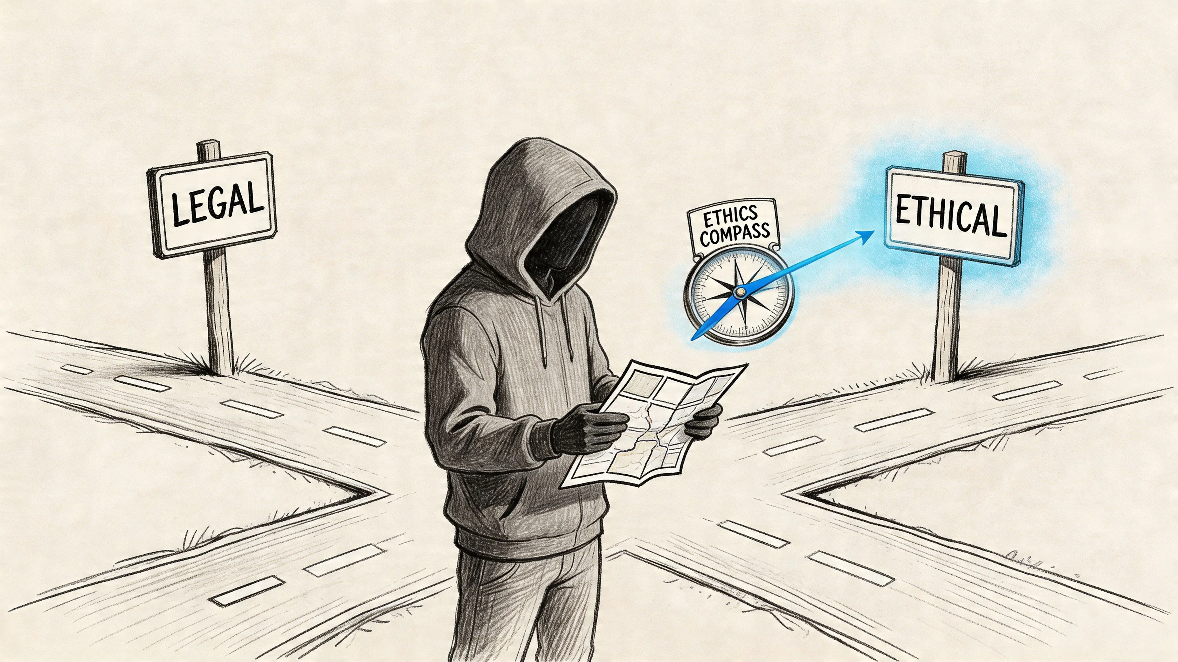 Figure at a crossroads, symbolizing legal vs. illegal hacking choices.