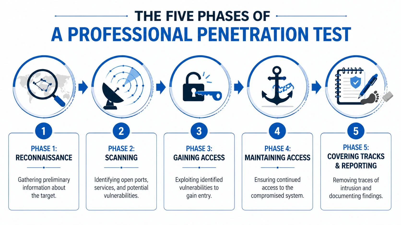 Diagram illustrating the five phases of a penetration test.