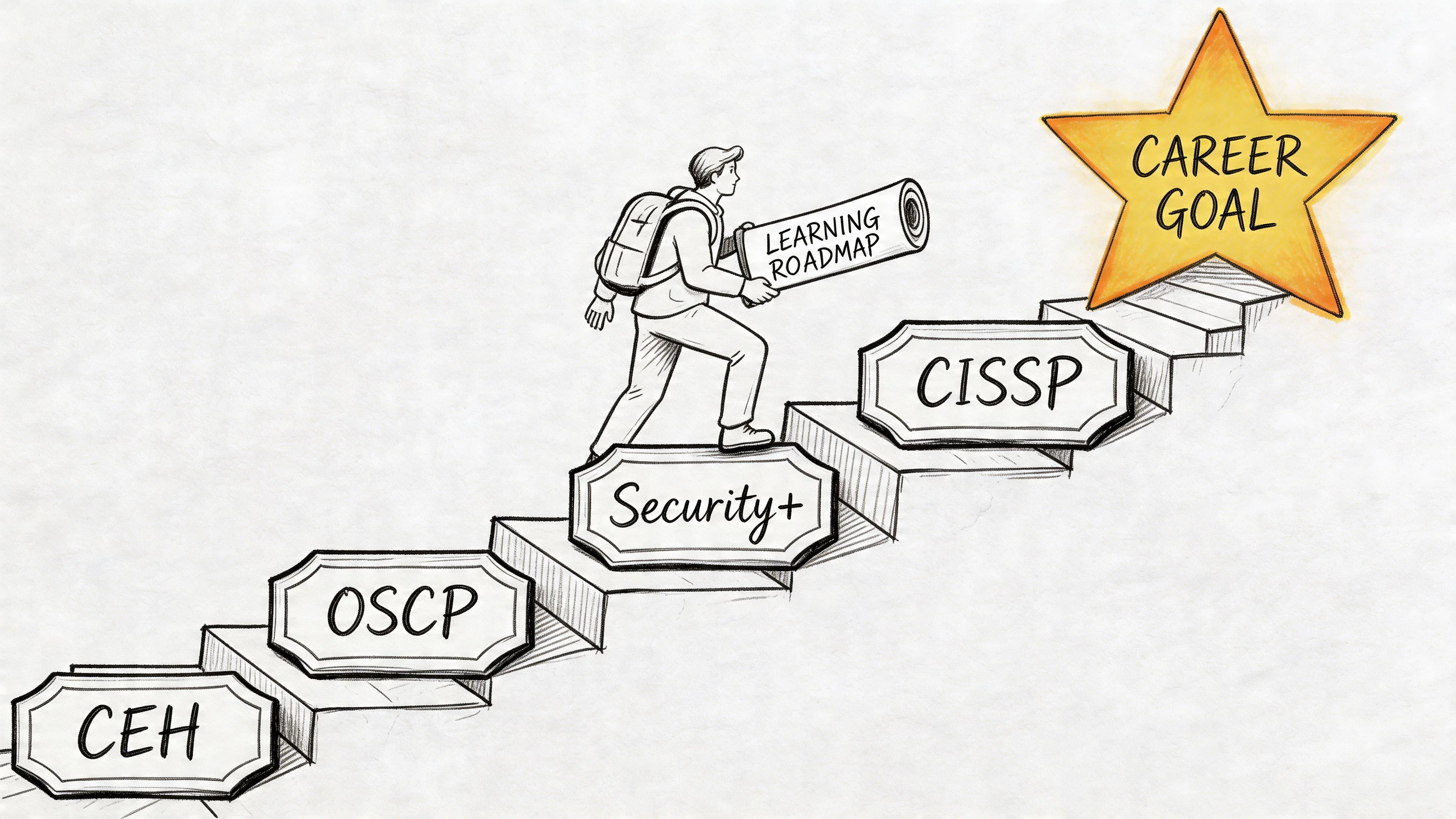 Person climbing stairs, representing a career path with certifications like CEH, OSCP, Security+, and CISSP.