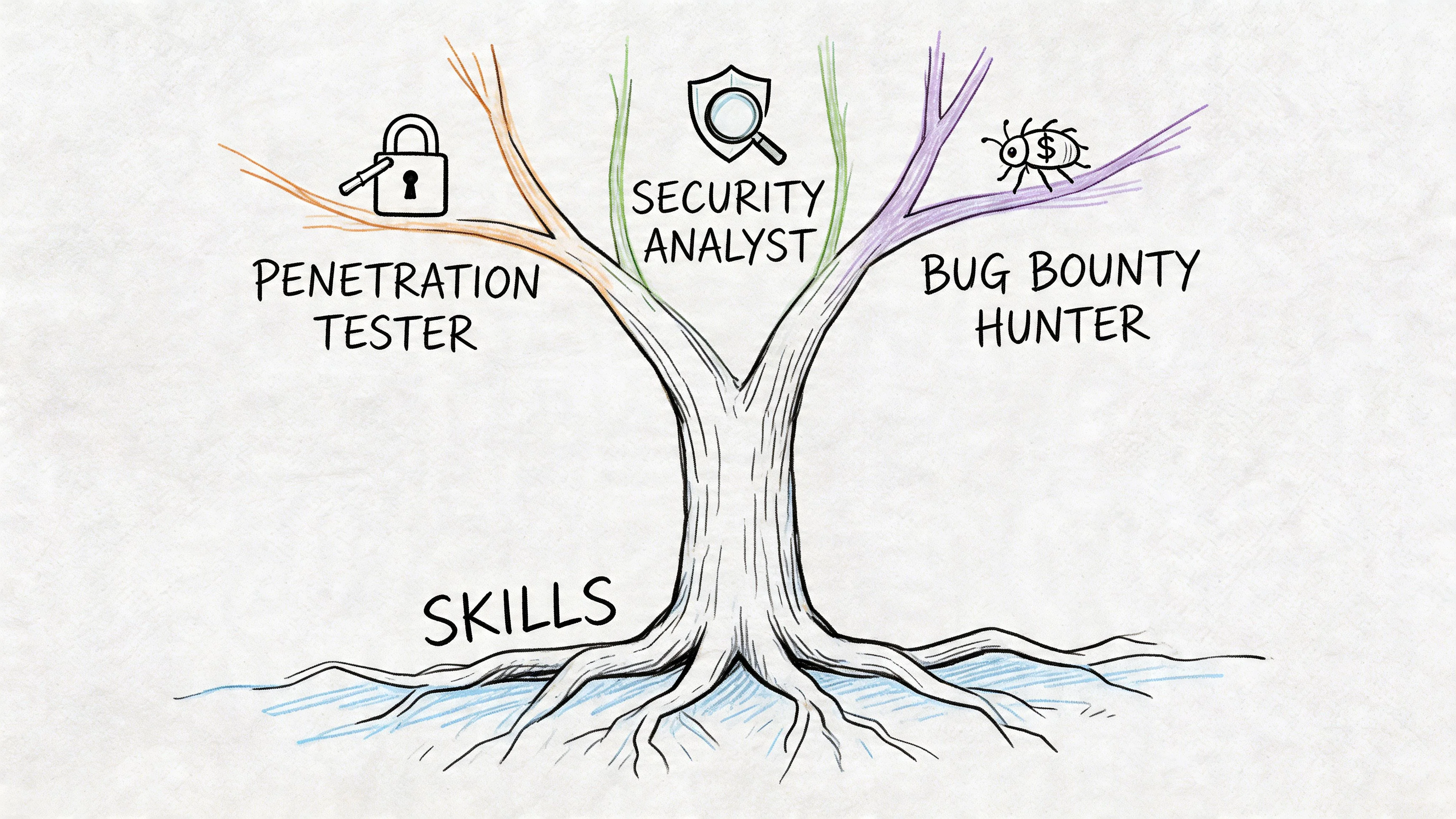Tree illustration depicting cybersecurity career paths.