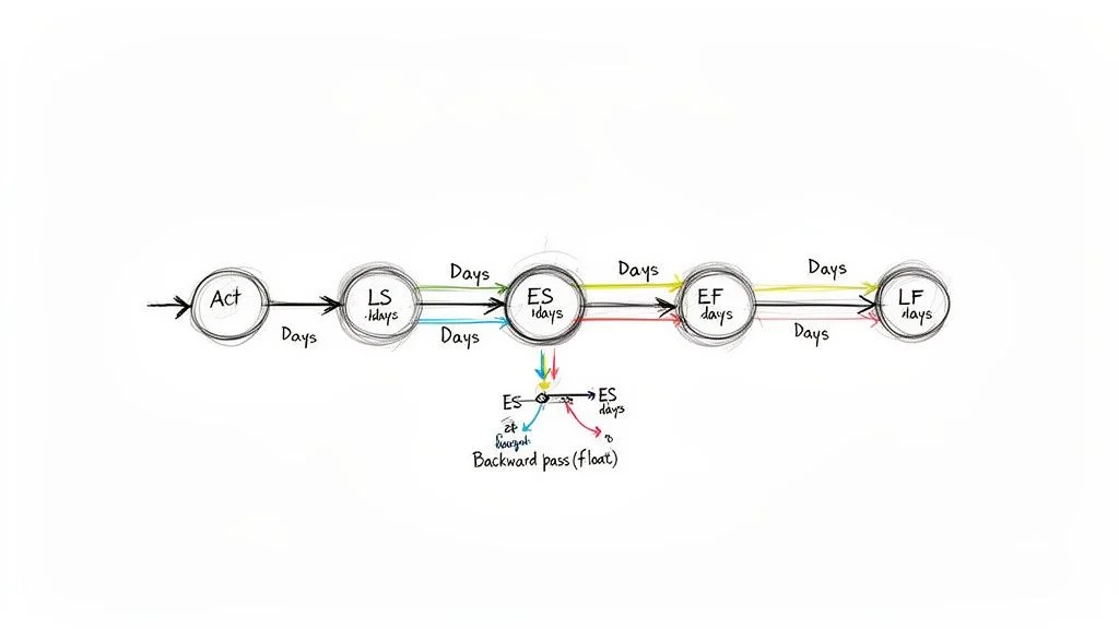 A project schedule diagram illustrating early start, early finish, late start, and late finish calculations.