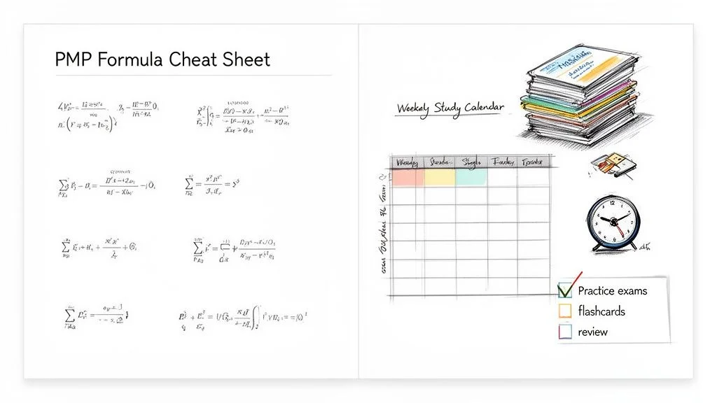 PMP formula cheat sheet with mathematical equations and a weekly study calendar for exam preparation.