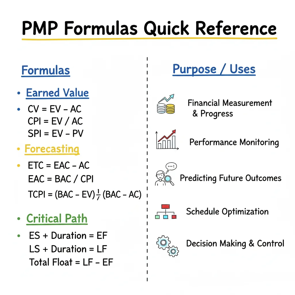 PMP Formulas Quick Reference sheet for project management, covering earned value, forecasting, critical path, and purpose uses.
