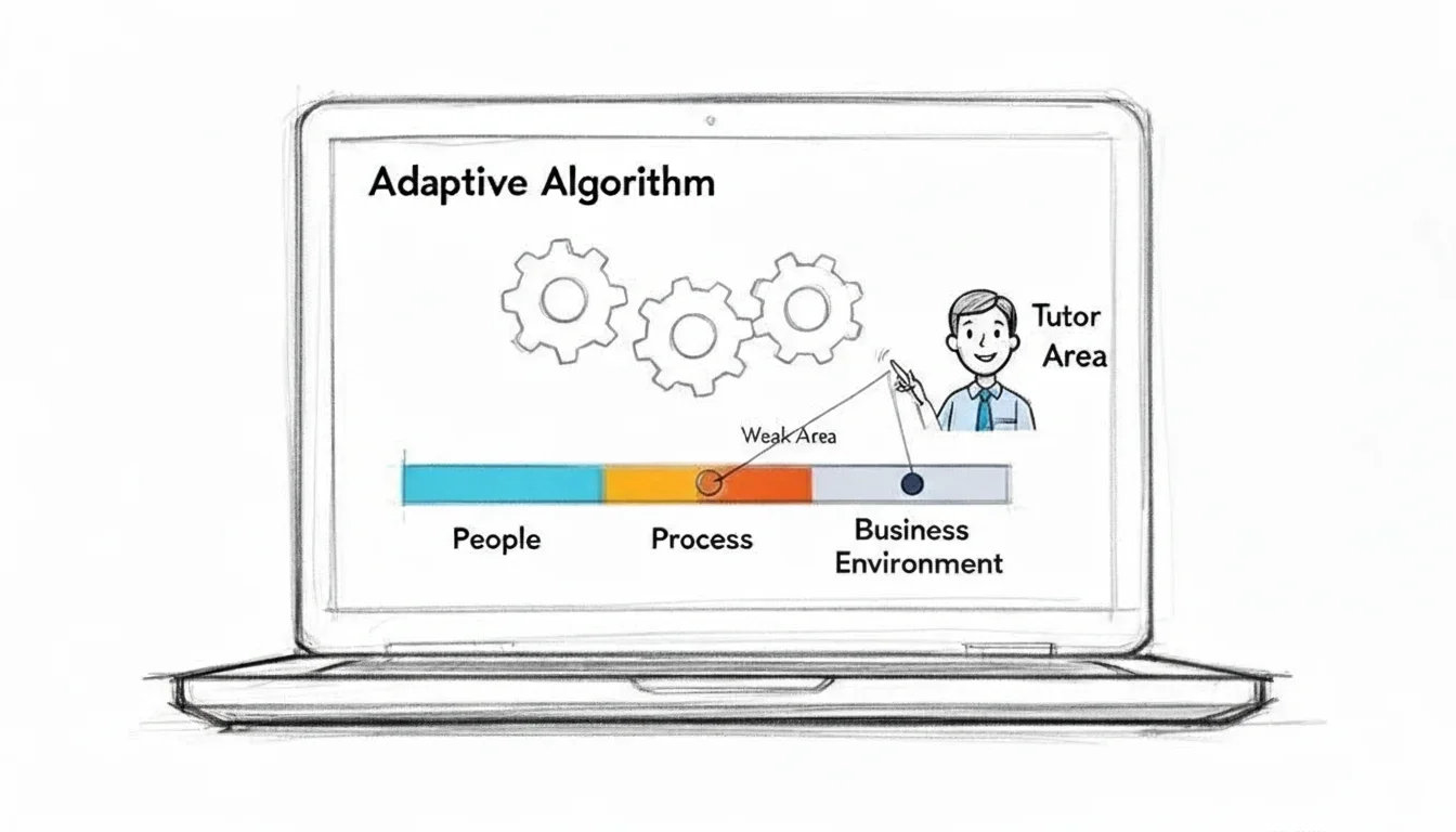 Adaptive algorithm on a laptop screen highlights a 'Weak Area' in 'Process', with a tutor pointing.