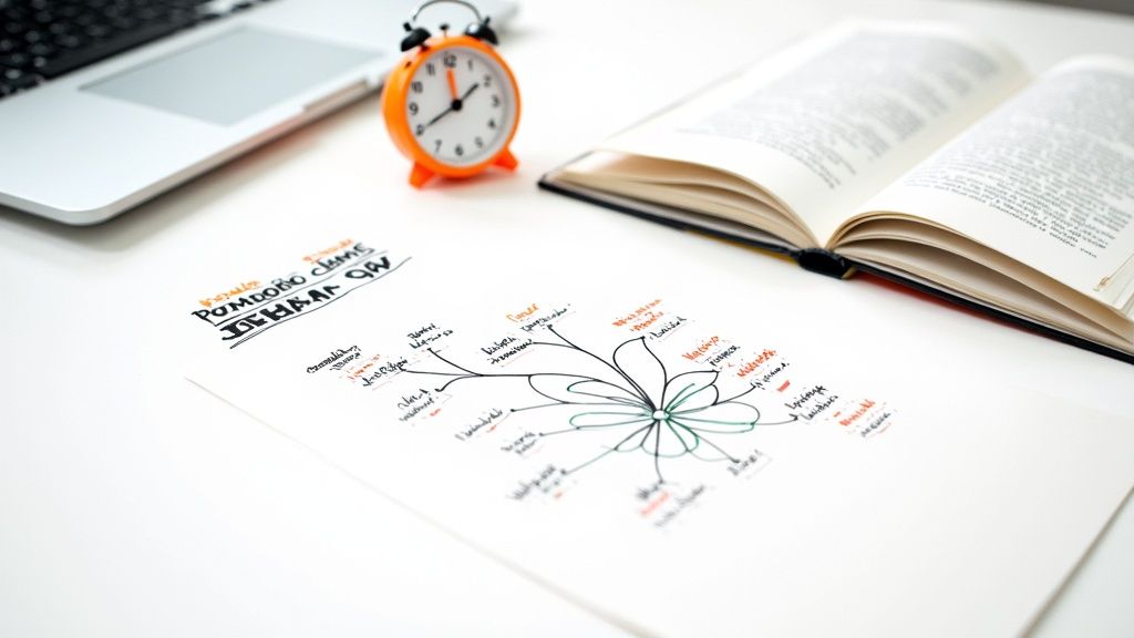A person sits at a desk, mind-mapping PMP concepts with colorful markers and sticky notes, fully engaged in a focused study session.