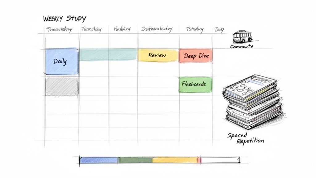 A hand-drawn weekly study schedule showing activities like daily study, review, deep dive, and flashcards.