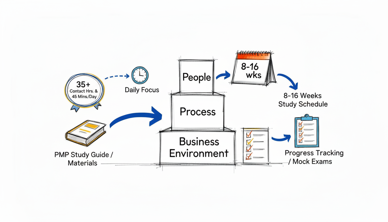 A diagram illustrating a project management pyramid with People, Process, and Business Environment, showing prep hours, weeks, and tasks.