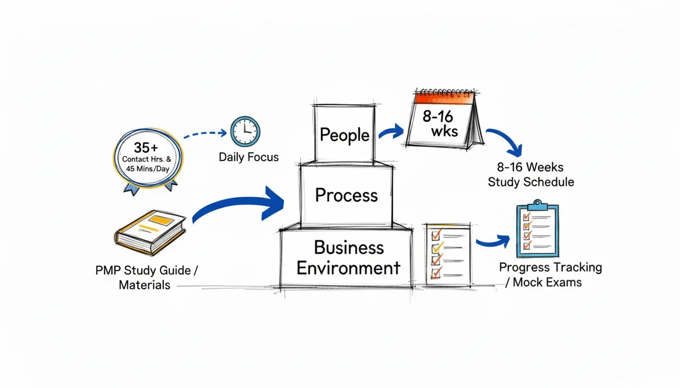A PMP exam preparation foundation timeline with three stages: Assess (Week 1), Plan (Week 2-4), and Learn (Week 5-12+).