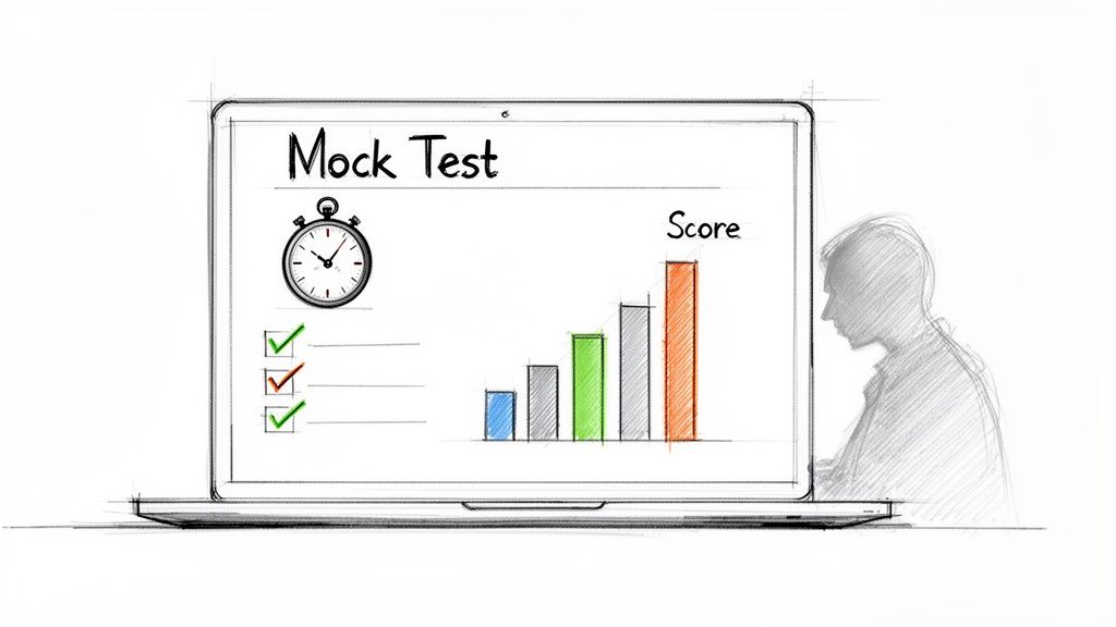 A sketch of a laptop showing a 'Mock Test' with a stopwatch, checklist, and a 'Score' bar chart. A person observes the screen.