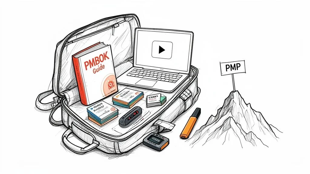 An open bag filled with PMP exam study materials like the PMBOK Guide, a laptop, and flashcards, with a mountain and PMP flag in the background.