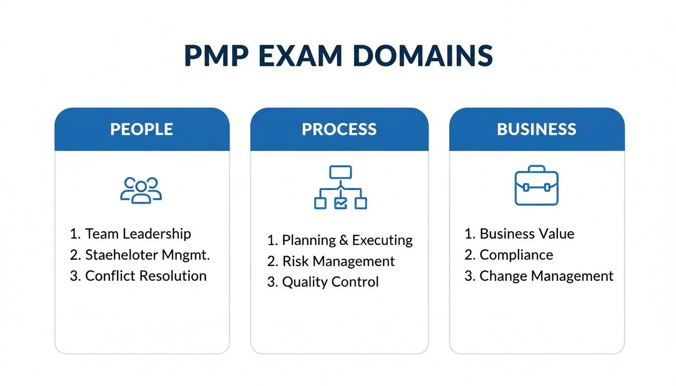 PMP Exam Domains diagram detailing People, Process, and Business categories with their respective topics.