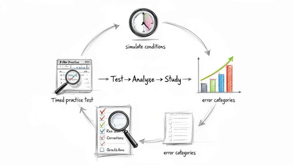 Diagram illustrating a study cycle for exam preparation, including timed tests, analysis, and error correction.