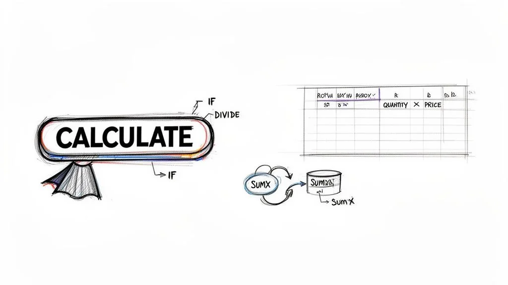 Hand-drawn illustration showing Power BI DAX functions like CALCULATE, SUMX, IF, and DIVIDE, next to a data table.