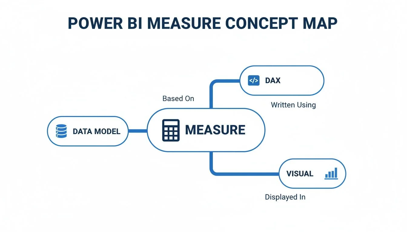 A concept map illustrating Power BI Measure, showing its relation to Data Model, DAX, and Visuals.