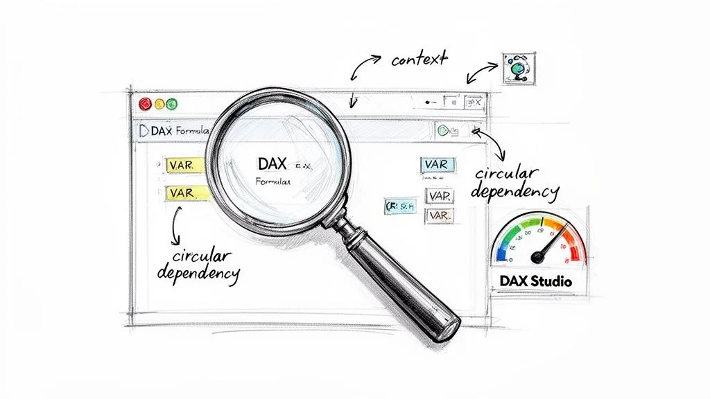 A sketch illustrating DAX formula analysis, highlighting circular dependencies, context, and a DAX Studio performance gauge.