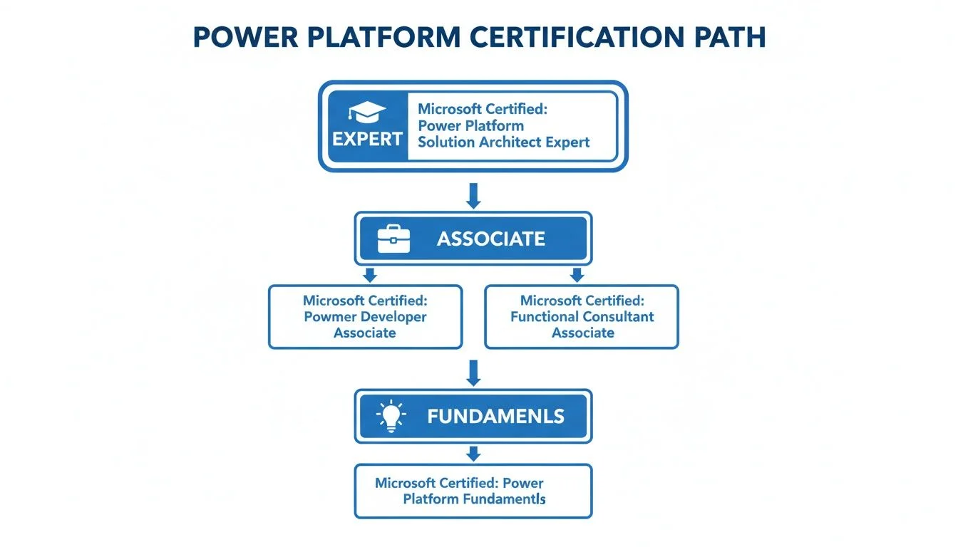 Flowchart detailing the Microsoft Power Platform certification path, from Fundamentals to Expert Solution Architect.