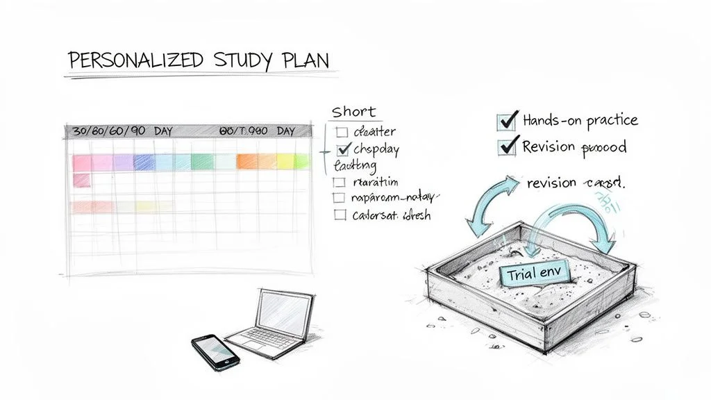Sketch of a personalized study plan featuring a calendar, checklist, revision, and hands-on practice.