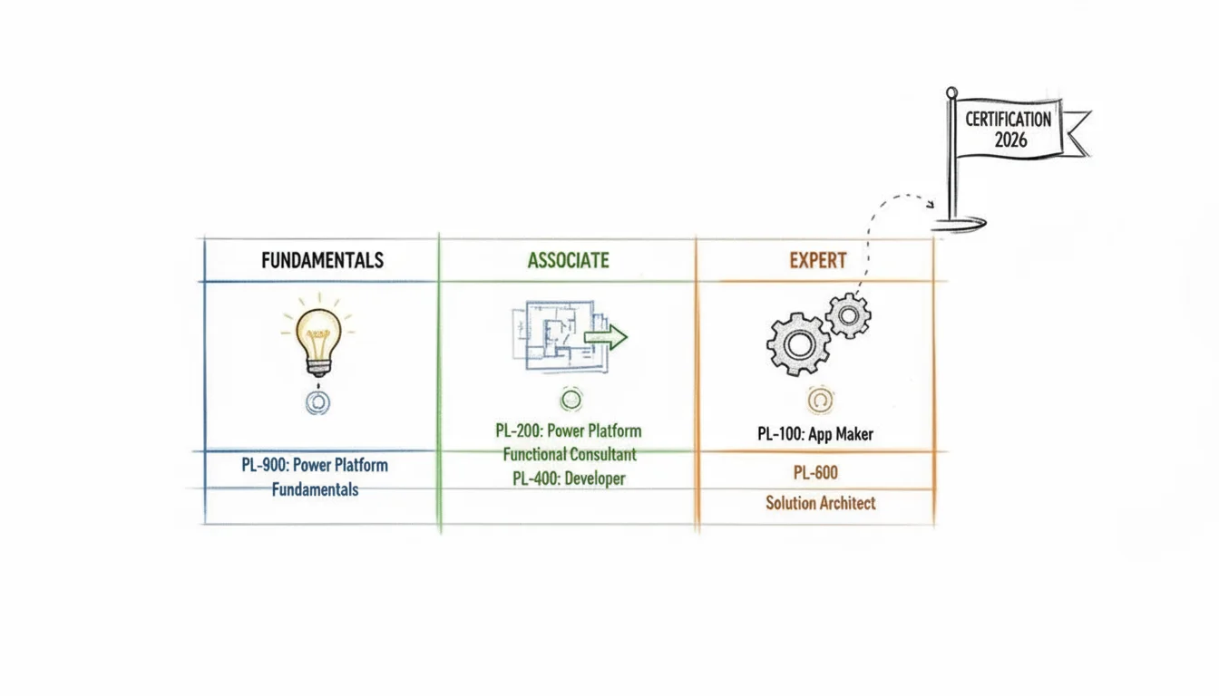 A visual roadmap illustrating a certification journey through fundamentals, associate, and expert levels leading to 2026.