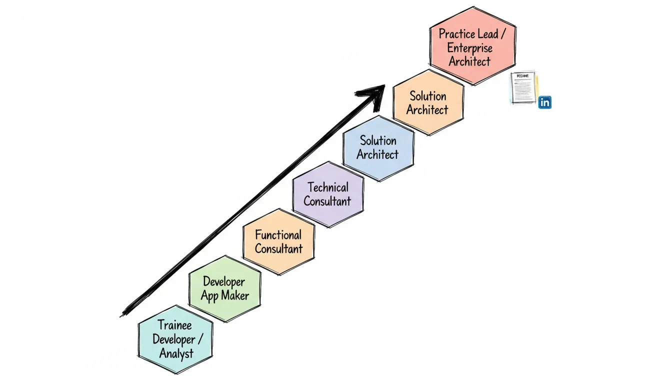 An upward career path illustrated as steps with various IT roles, leading towards a resume and LinkedIn icon.