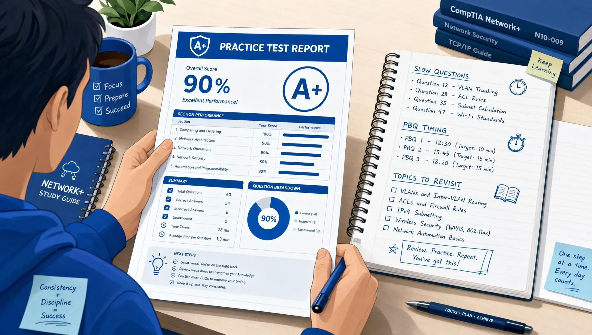 Learner reviewing A+ practice test report with notes on slow questions and PBQ timing