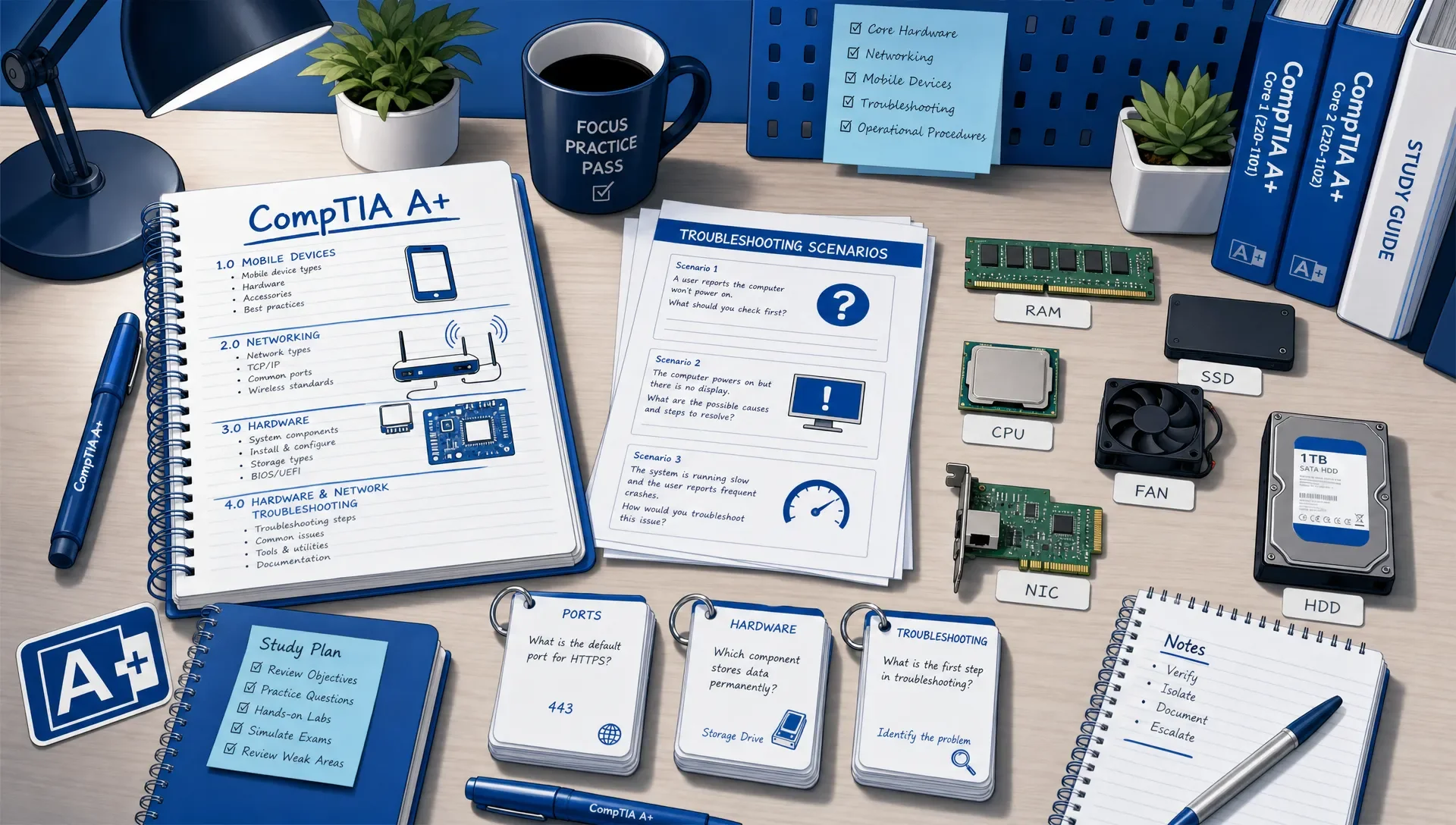 CompTIA A+ study materials like notes, flashcards, and computer components on a table.