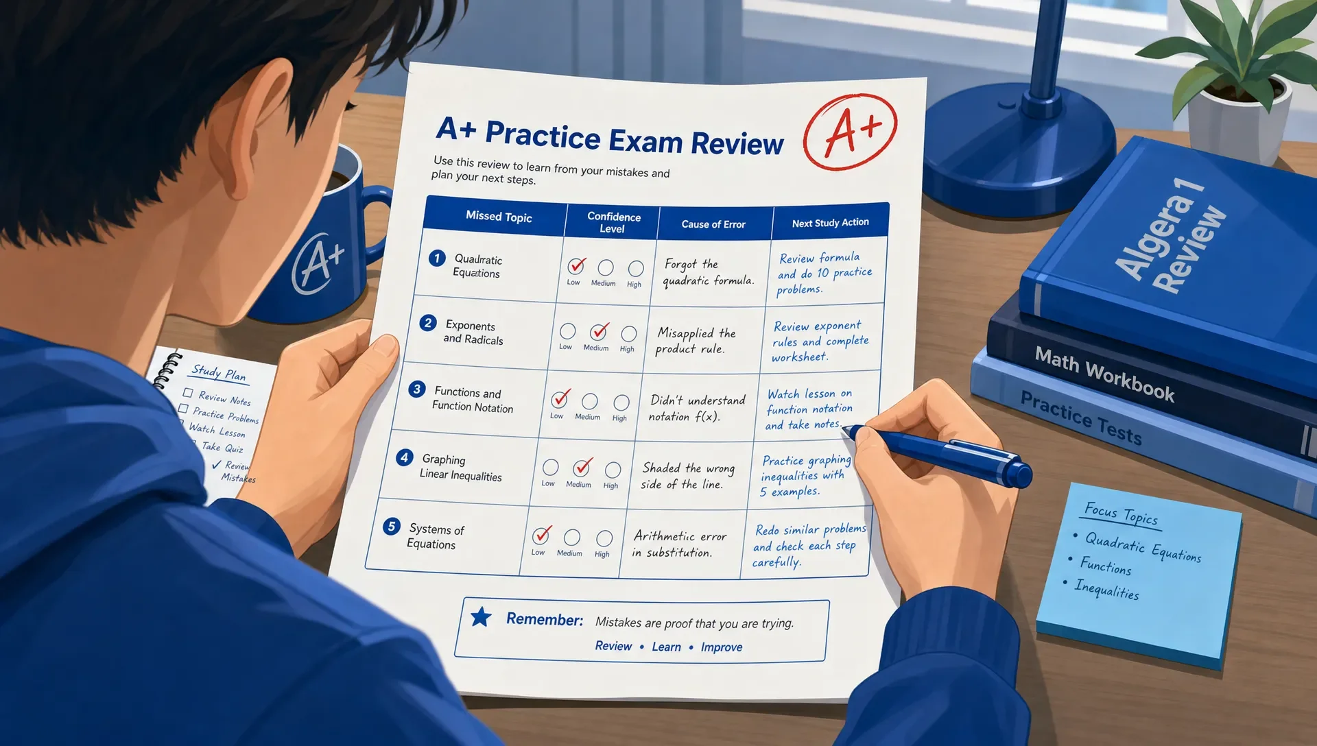 A person reviewing an A+ practice exam, marking a sheet with error causes and next steps.