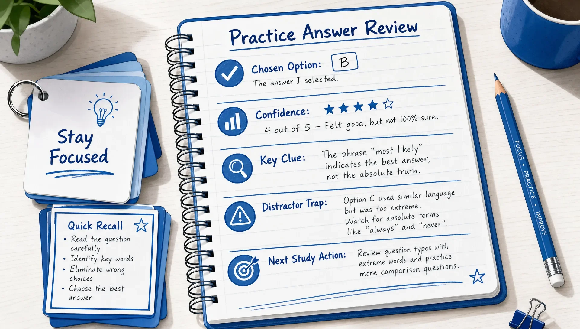 Notebook page with practice answer review notes, flashcards, and a pencil.