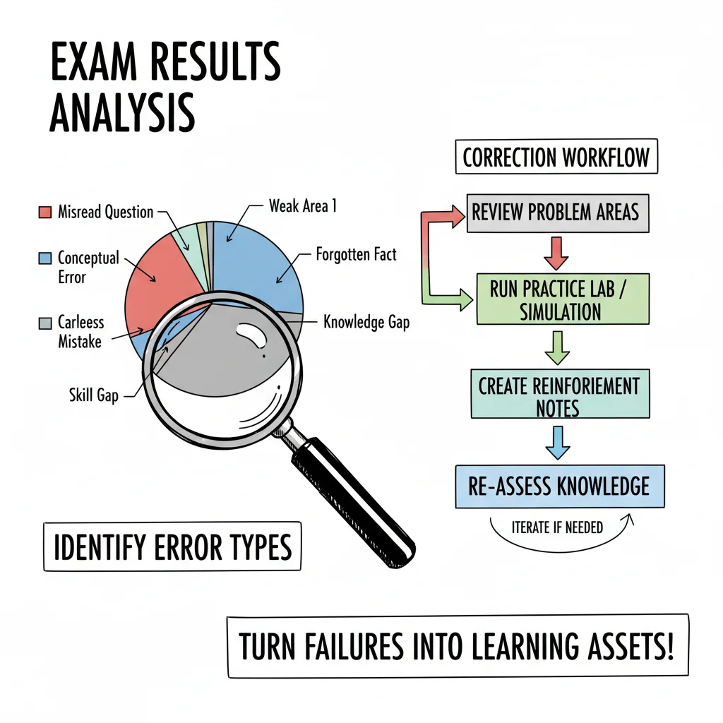 An illustration of exam results analysis featuring a pie chart categorizing errors and a review lab flowchart.