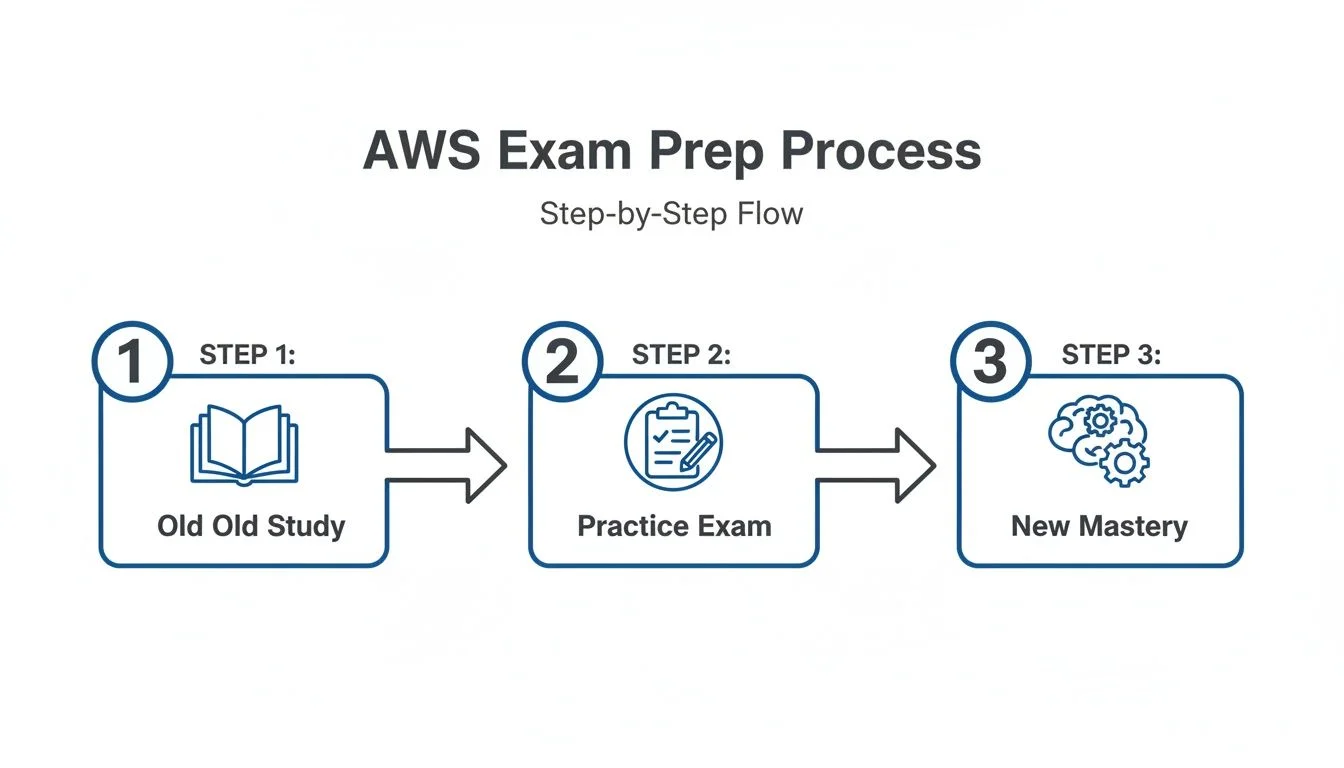 A step-by-step flow diagram illustrating the AWS exam preparation process, from study to mastery.