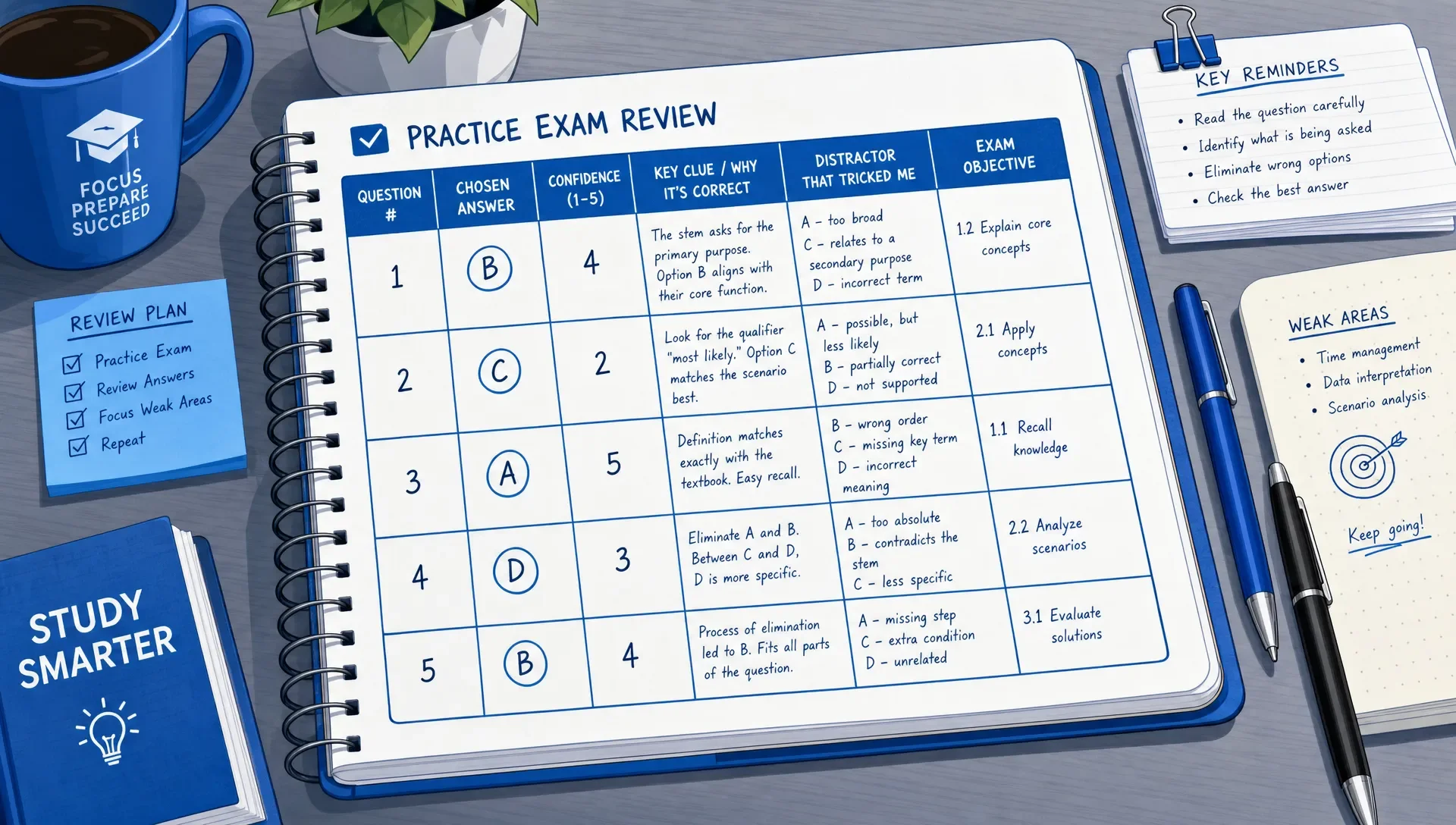 A notebook on a desk shows a practice exam review grid with chosen answer, confidence, key clue, distractor, and exam objective, with pens and study notes nearby.
