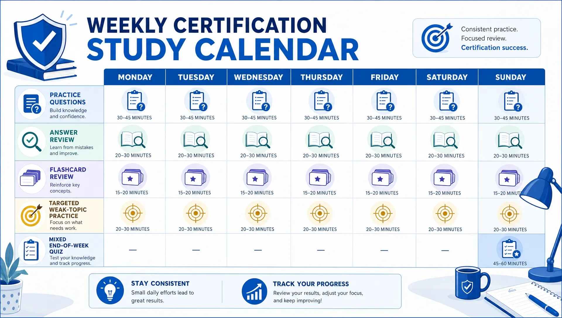A weekly certification study calendar shows blocks for practice questions, answer review, flashcard review, targeted weak-topic practice, and a mixed end-of-week quiz.