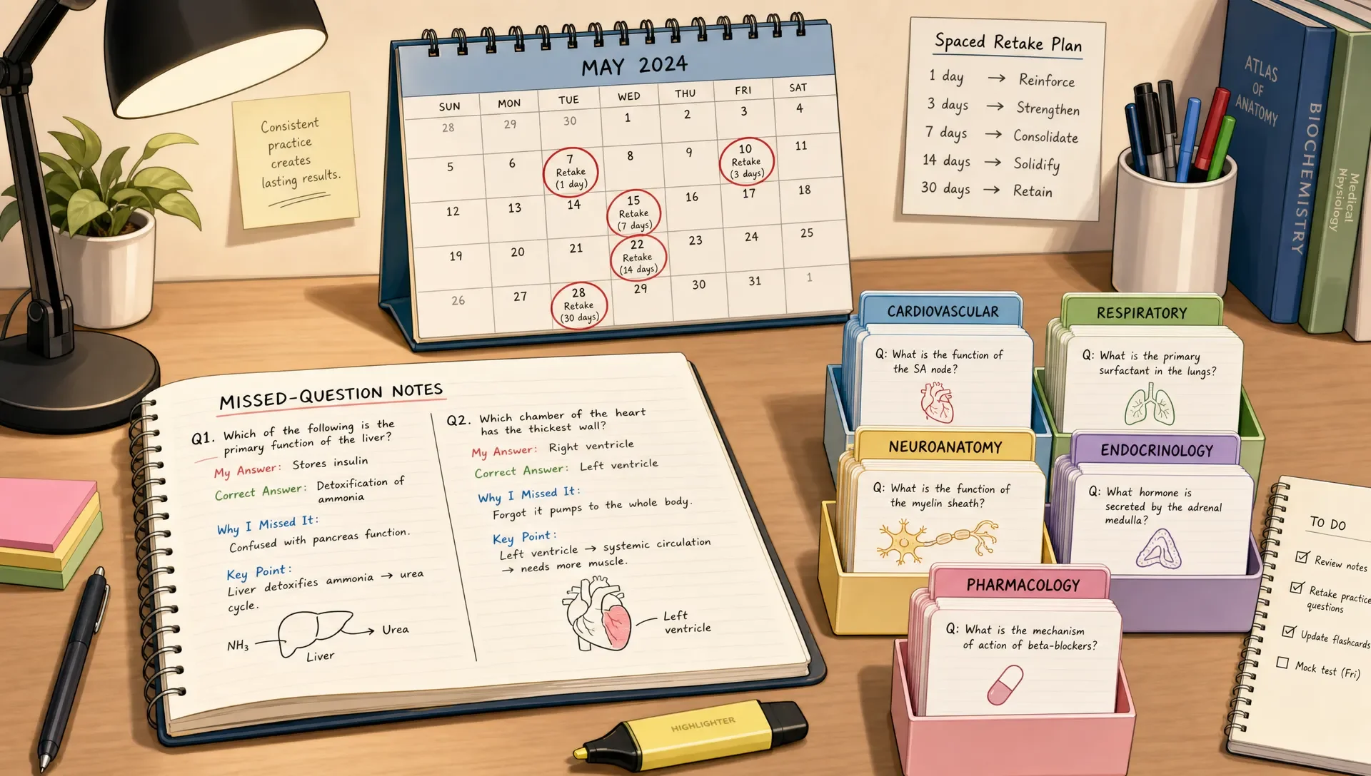 Study desk with notes on missed questions, a calendar with retake dates, and flashcards.