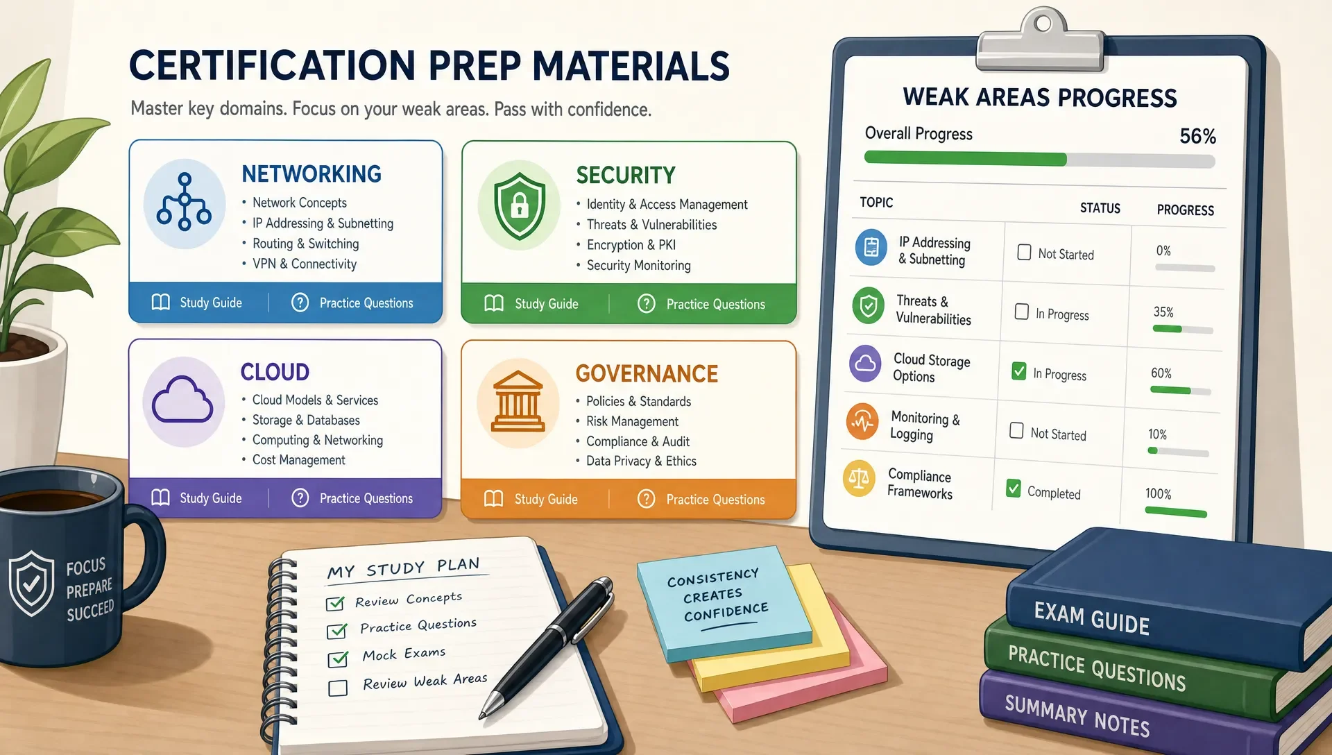 Certification prep materials on a desk: topic cards for networking, security, cloud, governance, and a checklist for weak areas.