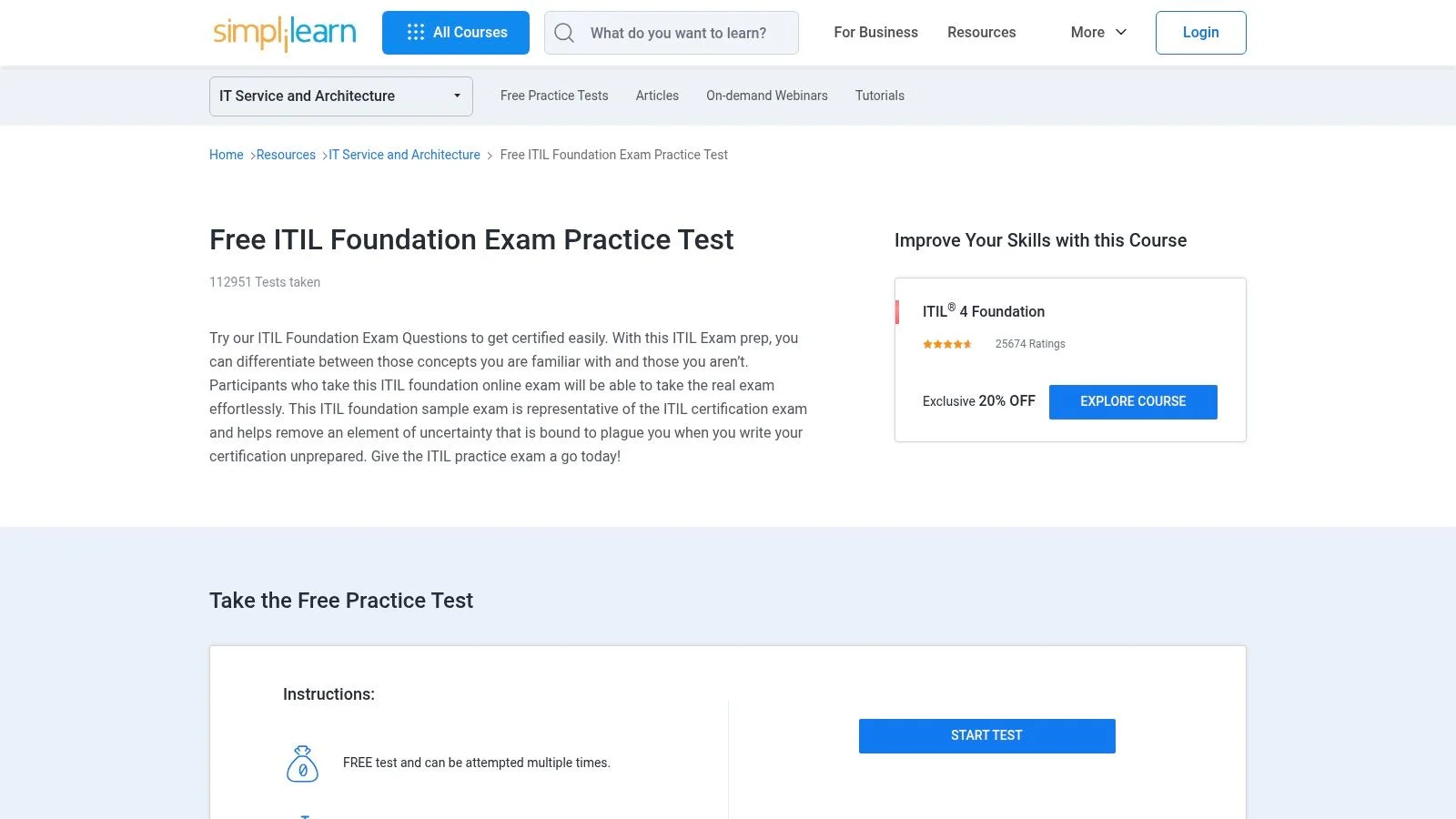 Simplilearn — Free ITIL 4 Foundation Practice Test