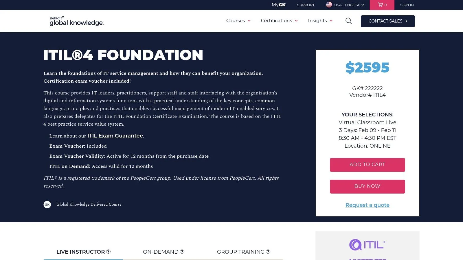 Global Knowledge (Skillsoft) — ITIL 4 Foundation course with exam voucher and prep