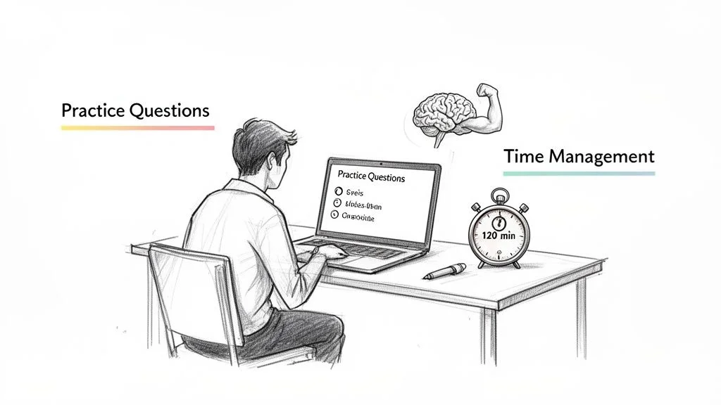 An illustration showing a student on a laptop doing practice questions, with time management and brain strength elements.