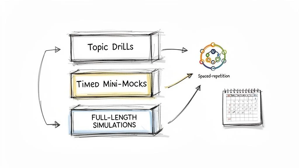A 3-step feedback loop diagram showing practice, analyze, and target phases with corresponding dates.