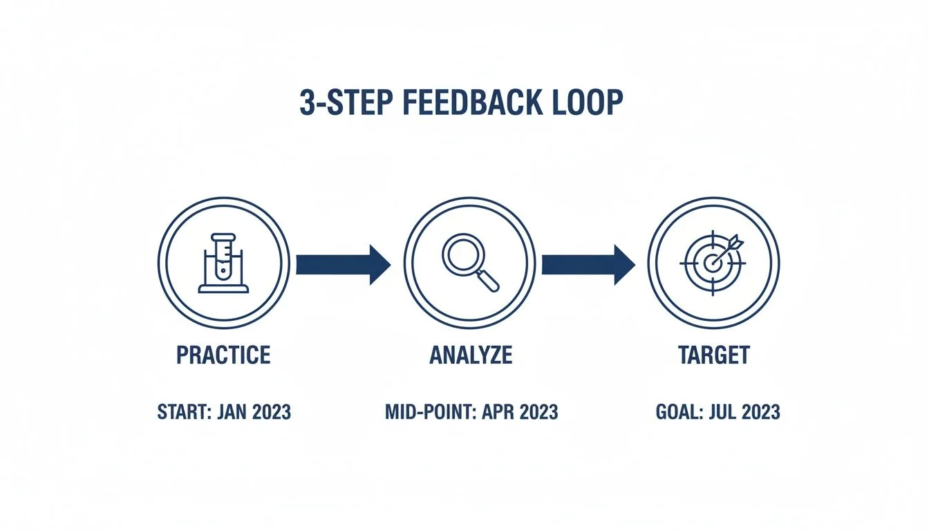 A 3-step feedback loop diagram showing practice, analyze, and target phases with corresponding dates.