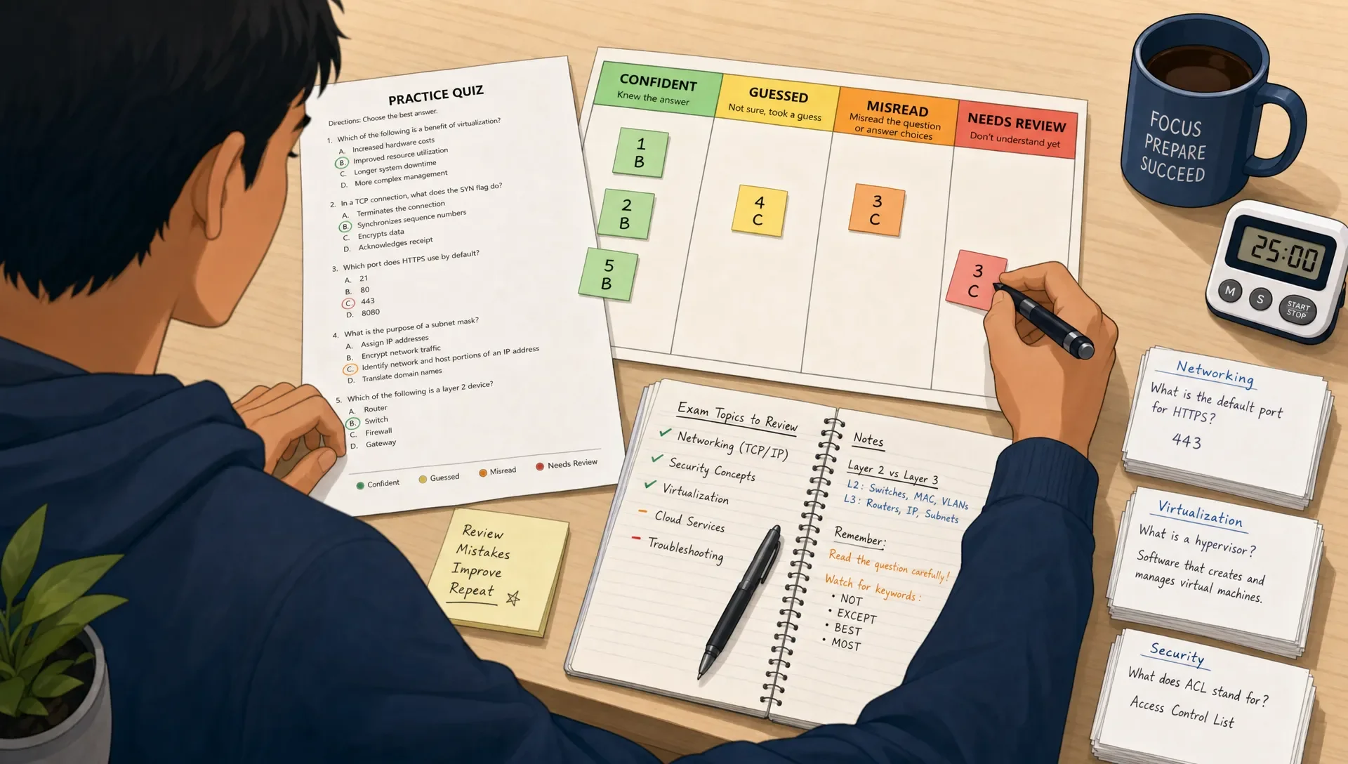 A person reviewing a practice quiz, sorting answers into categories and taking notes.