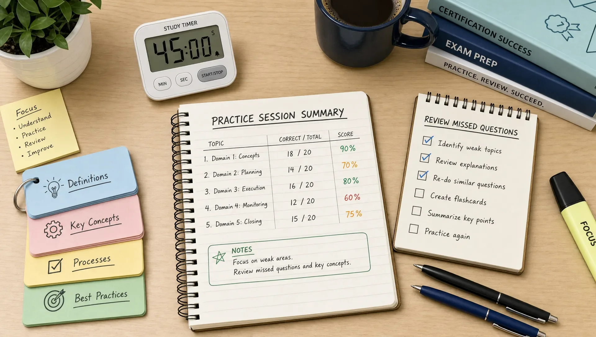 A study desk with a notebook, timer, and flashcards for timed certification practice.